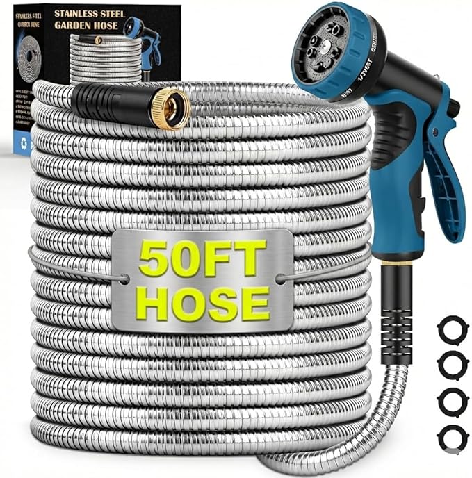 Garden Hose 50FT, Water Hose with 10 Function Nozzle, Garden Hose Metal with Leak-proof Connectors, No-Kink, Lightweight, Puncture-proof, Pet-proof, Sturdy, Hose for Outdoor, Yard