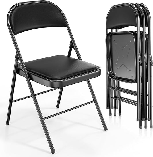 VINGLI 4 Pack Folding Chairs with Padded Seats, Metal Frame with Pu Leather Seat & Back, Capacity 350 lbs, Set of 4, Black