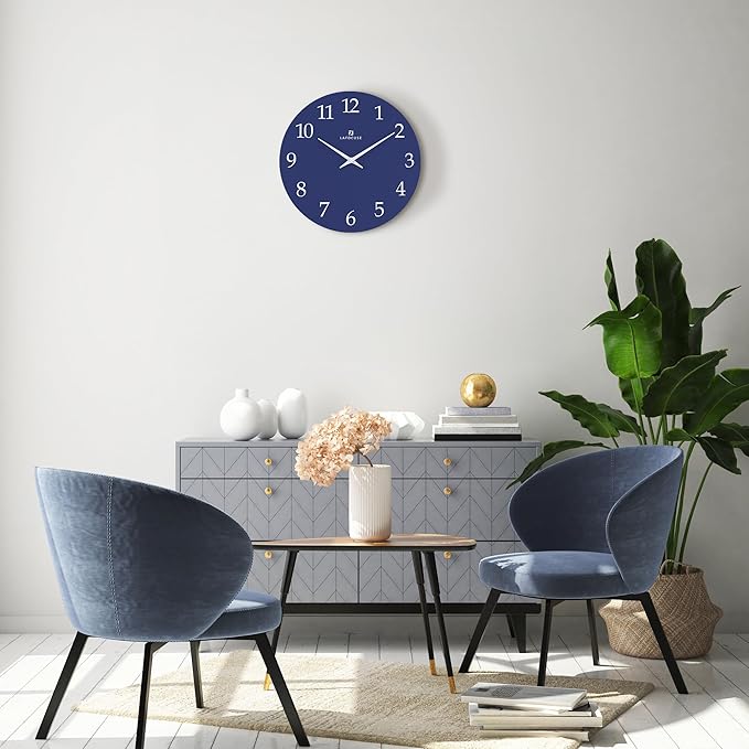 Lafocuse 12 Inch Wooden Navy Blue Wall Clock Battery Operated, Simple