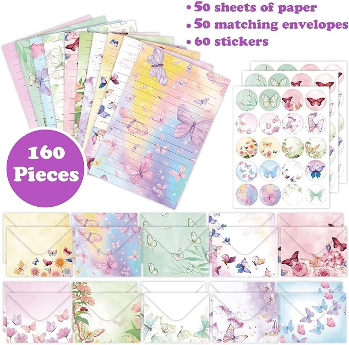 160 Pcs Stationery Paper Envelopes Set Includes 50 Lined Writing Paper & 50 Envelopes with 60 Colorful Round Dot Stickers, Cute Vintage Butterfly Letter Writing and Stationery Paper Envelopes(10Style)