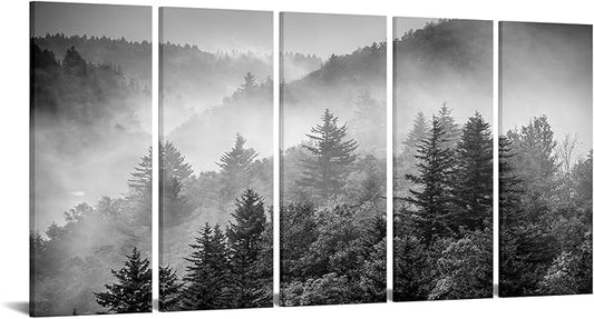 iKNOW FOTO 5-Piece X-Large Canvas Wall Art Set Black and White Misty Forest &
