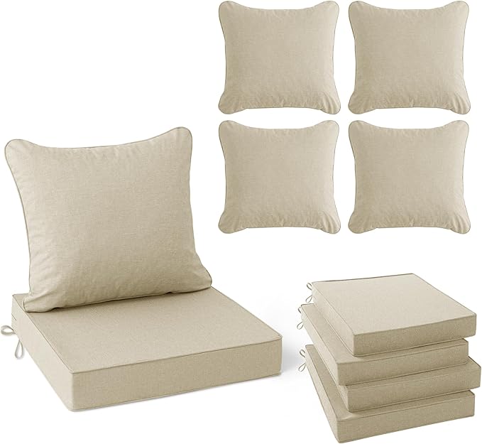 Summsun Patio Chair Cushions Set of 4, Faux Linen Outdoor Furniture Cushions, Water Resistant Backrest and Cushion Set with Ties, Removable Cover, Non-Slip Bottom, 19 x 19 Inch, Beige