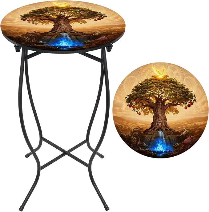 Metal Round Side Table, 21 Inch Tall Indoor Outdoor Side Table, Weather Resistant Patio Table for Porch Yard Balcony, Easy Assembly