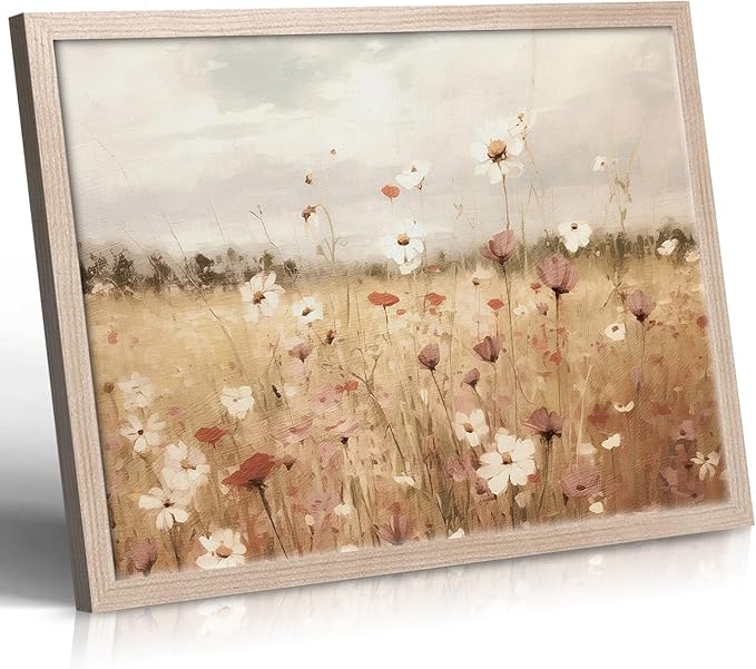 Framed Vintage Wildflower Wall Decor Light Colored Wildflower Print Country Floral Canvas Painting Natural Botanical Landscape Wall Decor for Farmhouse Living Room or Bedroom 12x16 Inch
