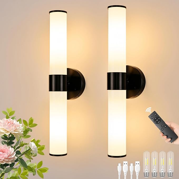 Morauroral Black Battery Operated Wall Sconces Set of 2, Rechargeable Wall