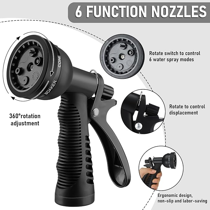 Pangda 75 Ft x 3/8'' Coil Garden Hose EVA Recoil Garden Self Coiling Expanding Water Hose with 6 Function Spray Nozzle Universal 3/4'' Brass Connector Fitting for Outdoor Yard(Black)