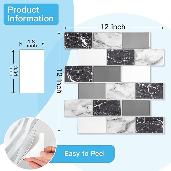Art3d Peel and Stick Black White Grey Marble Wall Tiles – 12"x12" Thicker