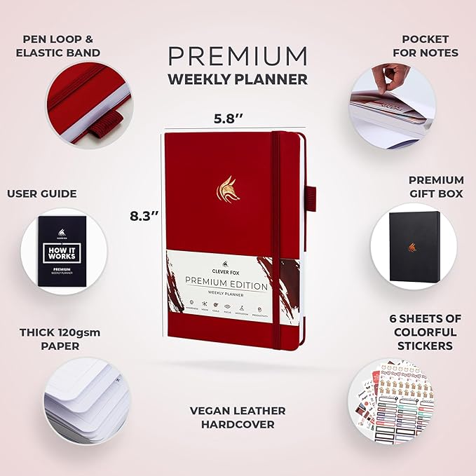 Clever Fox Planner Premium Edition – Undated Luxurious Weekly & Monthly Planner to Increase Productivity and Hit Your Goals – Organizer – Start Anytime, A5, Lasts 1 Year, Red (Weekly)
