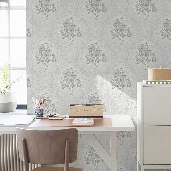 Ismoon Floral Peel and Stick Wallpaper Vintage White and Grey Contact Paper