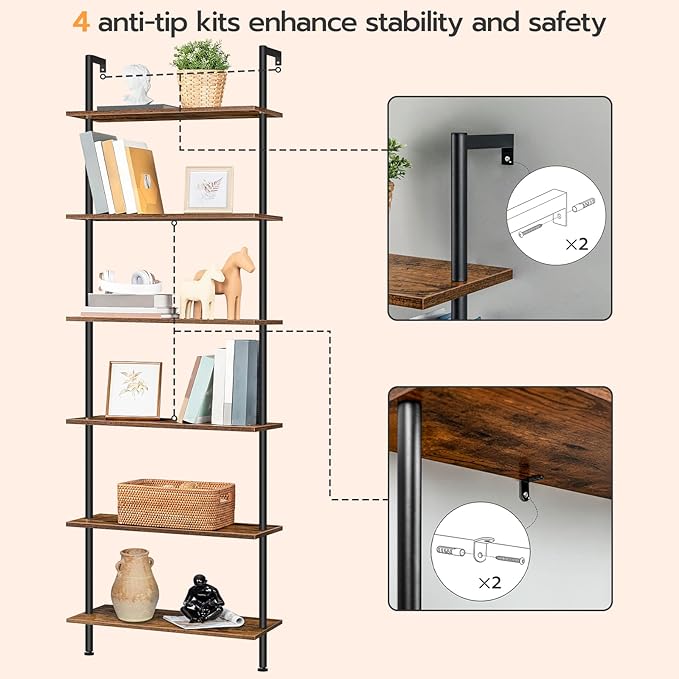 HOOBRO DIY Ladder Shelf, 6-Tier Wall Mounted Bookshelf, Office Vertical Bookcase