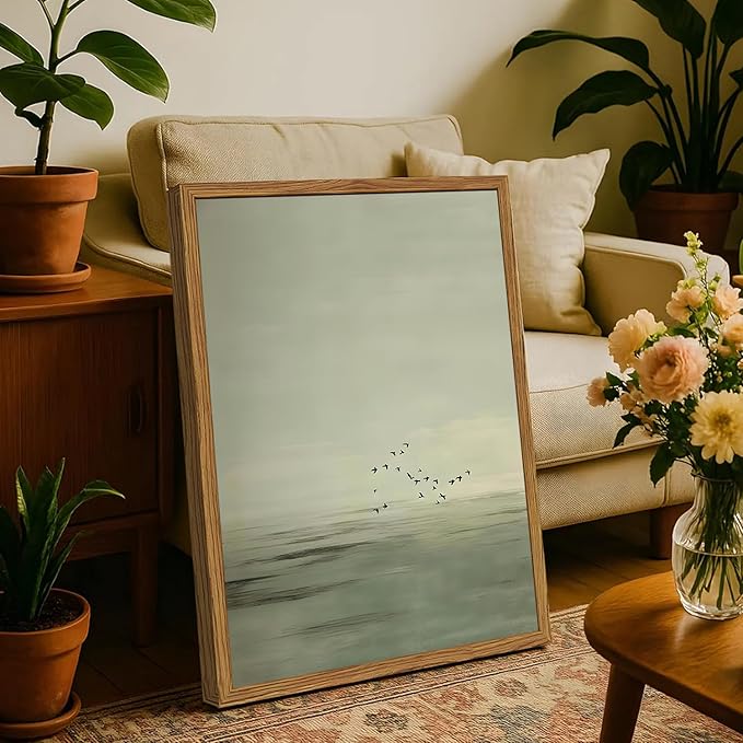Framed Sage Green Japanese Canvas Wall Art Set of 2, Minimalist Moon and Birds
