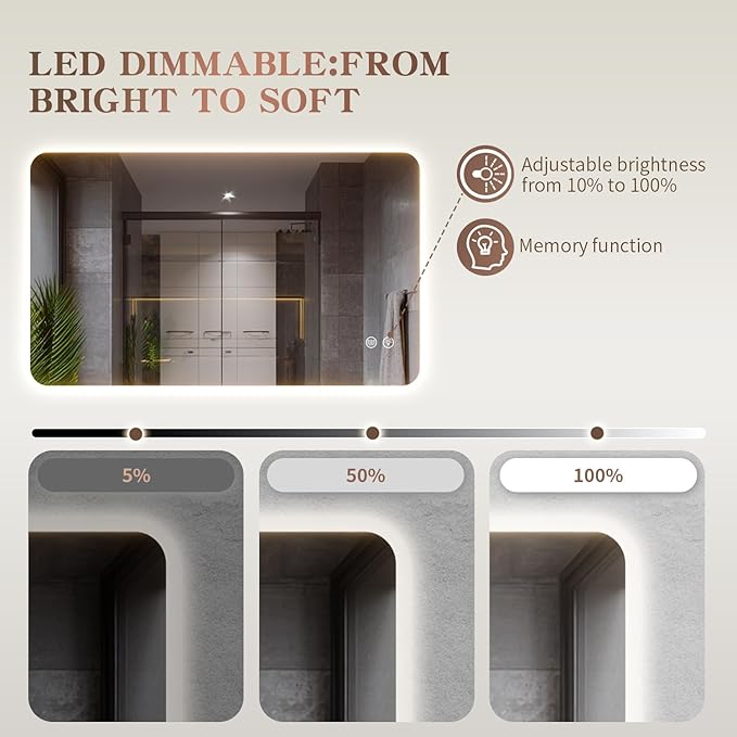EOGOW Backlit Mirror for Bathroom, Stepless Dimmable, 3 Color Lights, High Lumen
