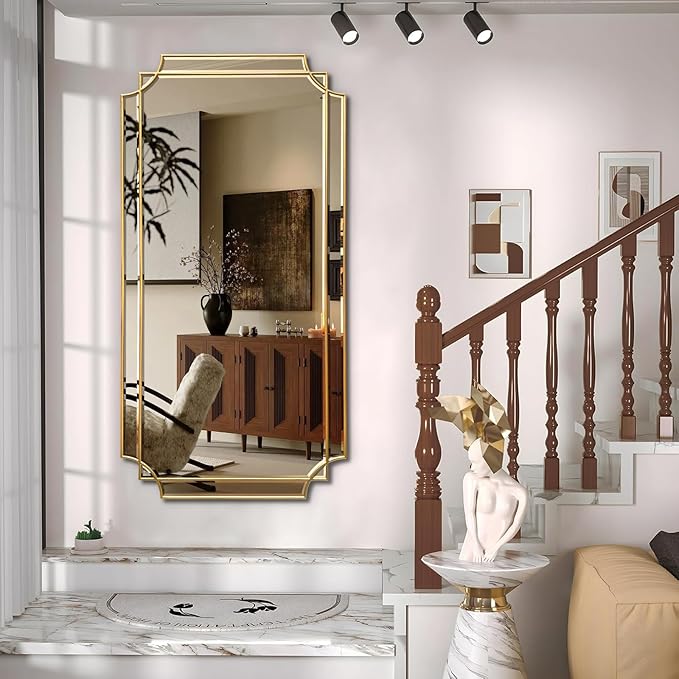 HQiJun Gold Full Length Mirror for Wall, Polished Bevelled Rectangle Mirror