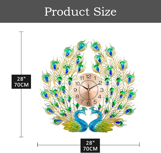 Large Peacock Wall Clock Silent Non-Ticking, 3D Creative Luxury Decorative Wall