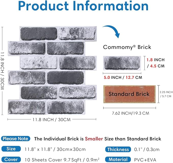COMSTICKC 3D Gray Brick Wall Panels, Peel and Stick Brick Tiles, Small Size