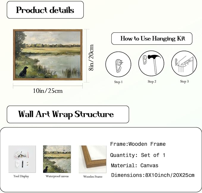 Framed Vintage Hunting Black Dog Wall Art, Rustic Country Nature Landscape