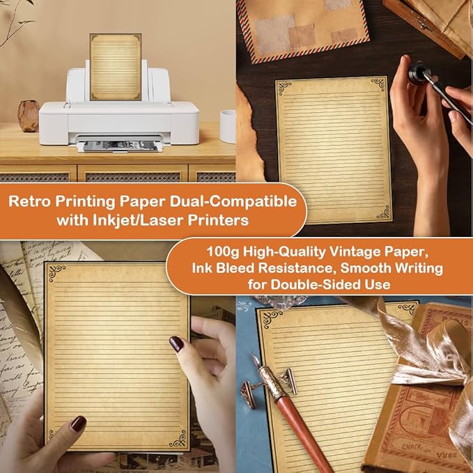 Vintage Lined Paper with Antique Border Design, 100 Sheets, Stationary Paper for Writing Letters, 100gsm, 11 x 8.5'', Aged Stationery for Writing Letters, Invitations, Stationery Writing Papers