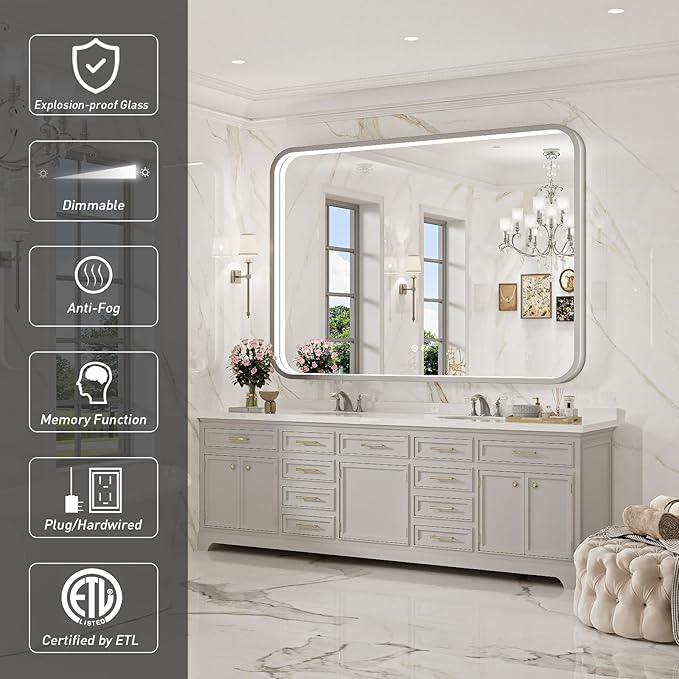 LED Bathroom Mirror with Lights, 43x36 Inch Brushed Silver Framed Lighted