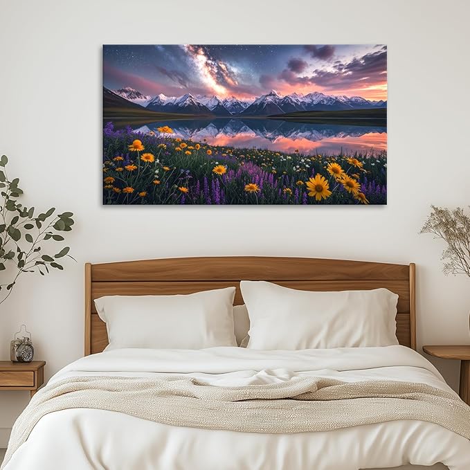 JLXART Wall Sunflower Artwork Art Yellow Floral Field Canvas Mountain Landscape Print for Living Room Framed 30x58inch
