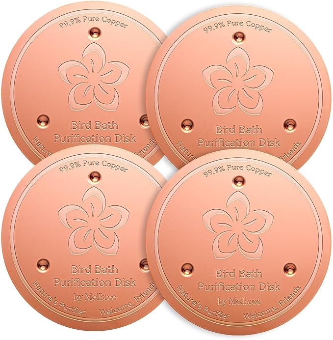 Mellbree 4-Pack Bird Bath Copper Disc, 0.6mm Reinforced 99.99% Pure Copper Cleaning Disk with Triple-Point Support for Physical Safe Clean Water All-Season (Flower)