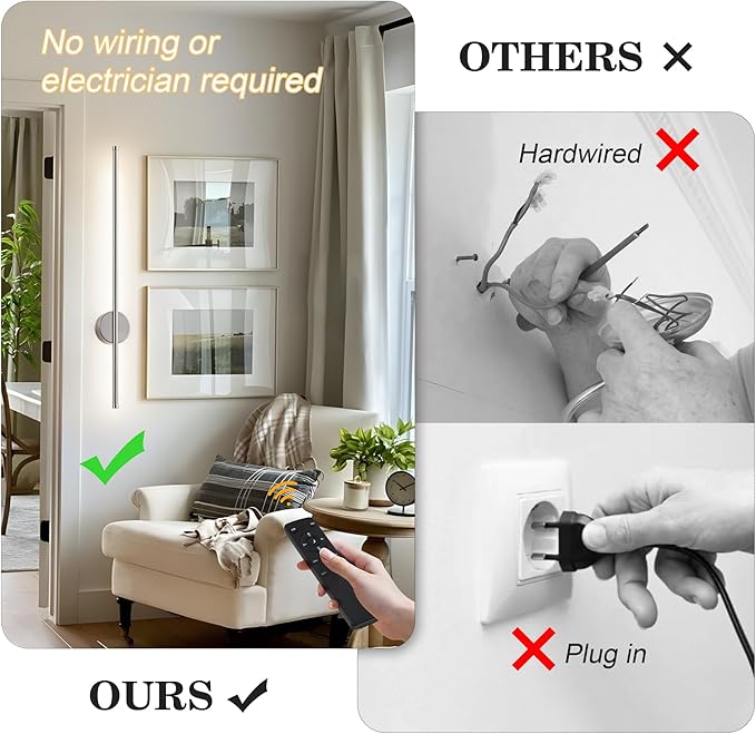 Battery Operated Modern Wall Sconces, Dimmable Wireless Wall Light Set of Two