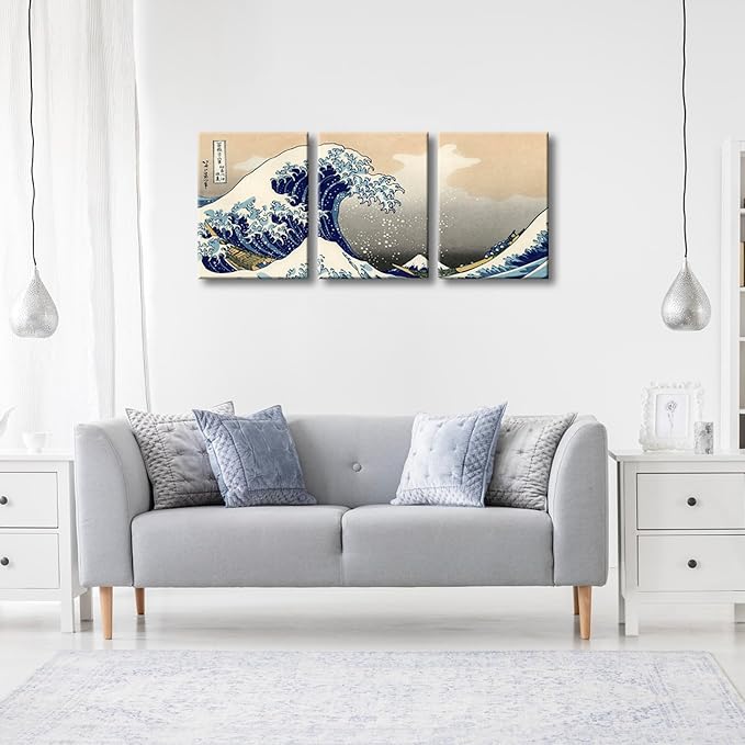 Wieco Art Great Wave of Kanagawa Katsushika Hokusai 3 Piece Modern Canvas