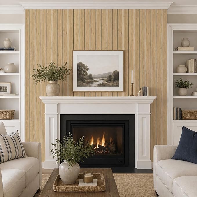 VEELIKE Tan Birch Wood Slat Wall Panels Peel and Stick Decorative Faux Wood