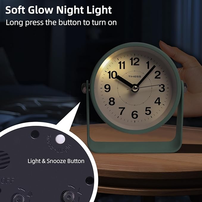 TIMESS Analog Alarm Clock, Silent Non-Ticking Quartz Movement, Battery-Operated with Snooze & On-Demand Light, Easy to Set Gentle Wake Bedside Desk Clock, Ideal for Home, Travel, Office (Green)