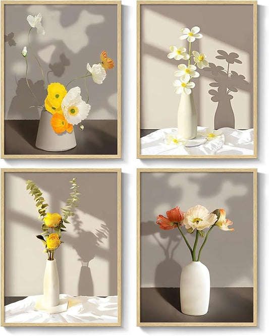 Framed Botanical Floral Wall Art, 4 Piece Yellow Flower Canvas Painting Prints