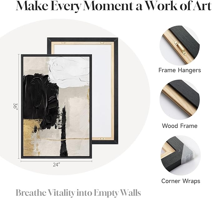 Framed Black White and Gold Abstract Wall Art