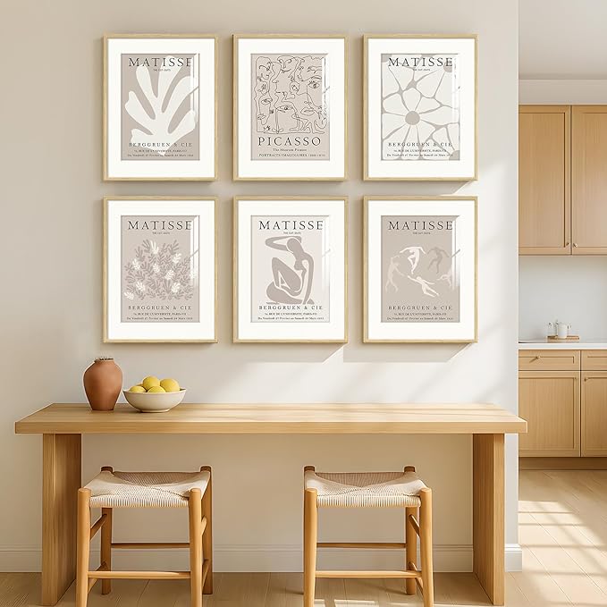Framed Neutral Abstract Wall Art, 6 Piece Modern Matisse Prints Artwork