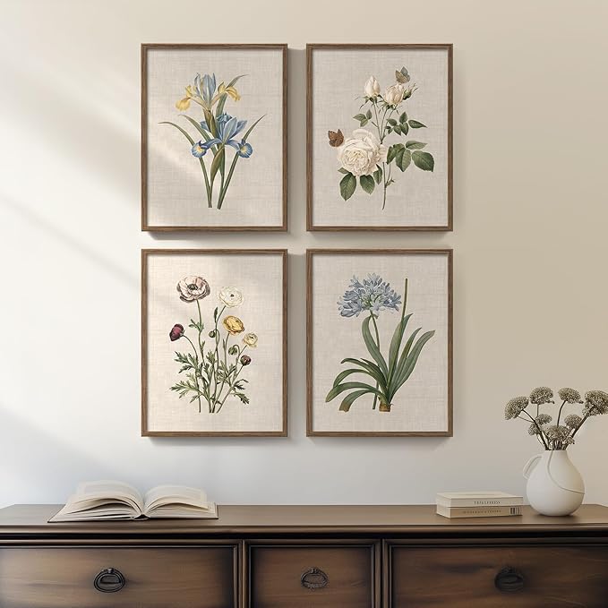 Framed Botanical Floral Wall Art, 4 Piece Vintage Flower Canvas Painting Prints