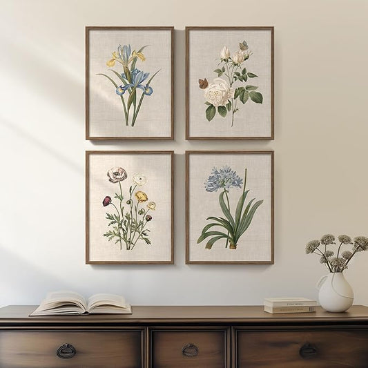 Framed Botanical Floral Wall Art, 4 Piece Vintage Flower Canvas Painting Prints