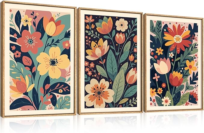 KAIRNE Vintage Colorful Floral Framed Canvas Wall Art Set,Mid Century Modern Flower Wall Decor,Retro Wildflower Art Prints,Boho Botanical Artwork for Living Room,Bedroom,Farmhouse,Office-24 x36 x3