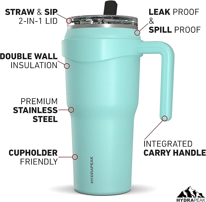 Hydrapeak Roadster 40oz Stainless Steel Tumbler Double Wall Vacuum Insulated Water Bottle With Handle And 2 in 1 Straw Lid (Aqua)
