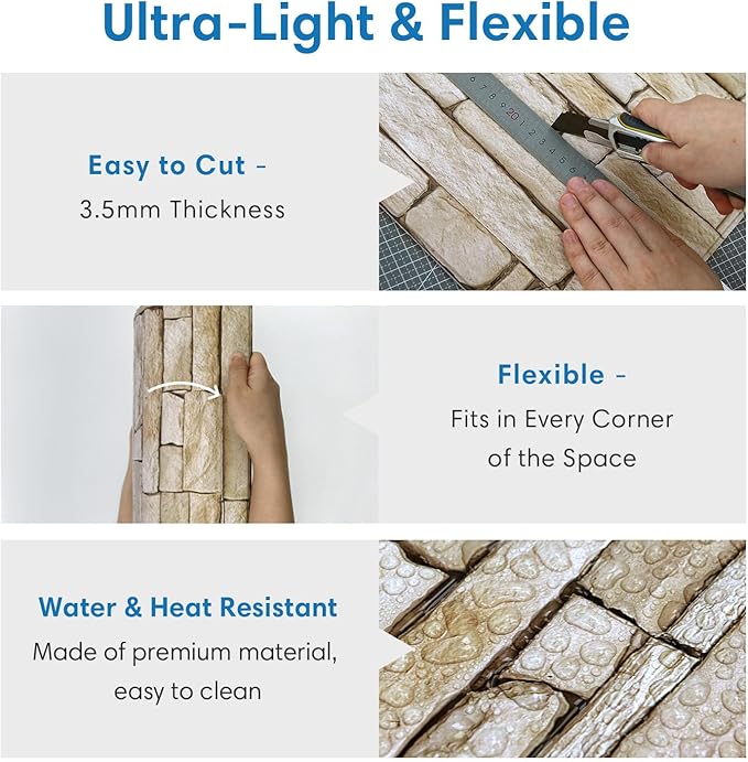 COMSTICKC 3D Peel and Stick Faux Stone Wall Sticker, Ultra-Light Thin PVC Rock
