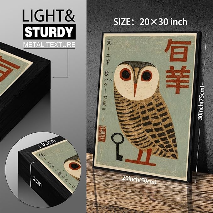 Vintage Japanese Black Framed Wall Art Owl Poster Mid Century Animal Print
