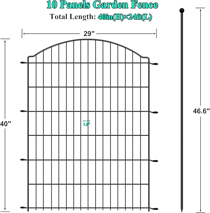 Decorative Garden Fences 40in x 24ft, 10 Pack Outdoor Fencing Animal Barrier Dog Border, Metal Wire Fence Panels for Garden Decor, Flower Bed Edging Borders for No Dig Patio Yard