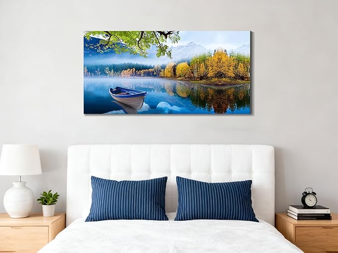 Arjun Landscape Wall Art for Living Room Lake Canvas Blue Picture Bedroom, Summer Nature Boat Artwork Modern Nature Painting Framed Large Home Office Dining Room Wall Decor 40"x20"