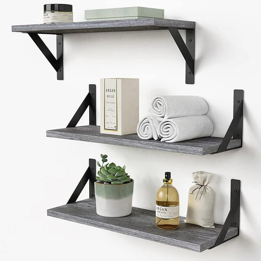 Forbena Grey Floating Shelves for Wall Decor Set of 3, Floating Book Shelves