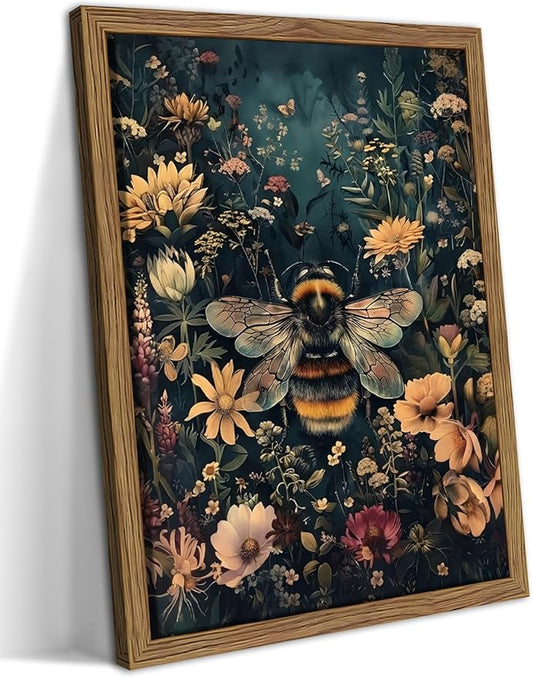 Vintage Framed Wall Art Bee Canvas Prints, Dark College Animals Flowers Wall