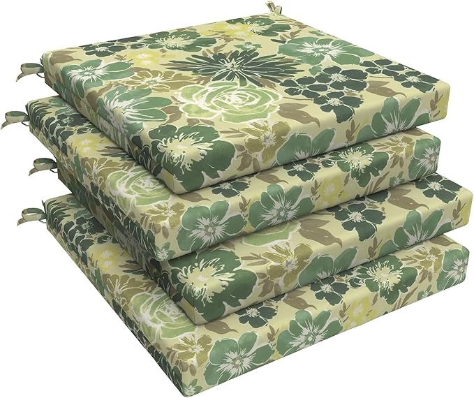 LVTXIII Outdoor Seat Cushions Set of 4 Square Corner Chair Cushions with Ties, Patio Chair Pads for Home Office and Patio Garden Furniture Decoration 19"x19"x2", Green Rose