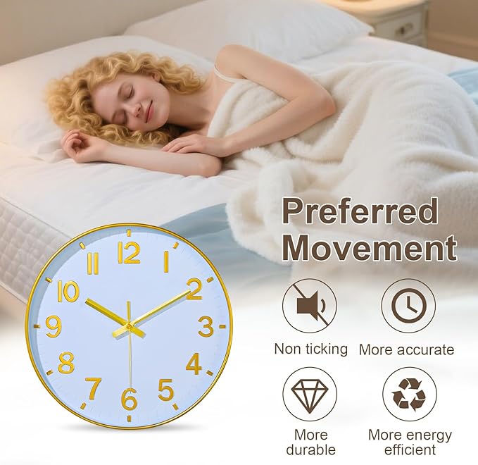 Gold Wall Clocks Battery Operated, 12 Inch Non Ticking Digital Wall Clock