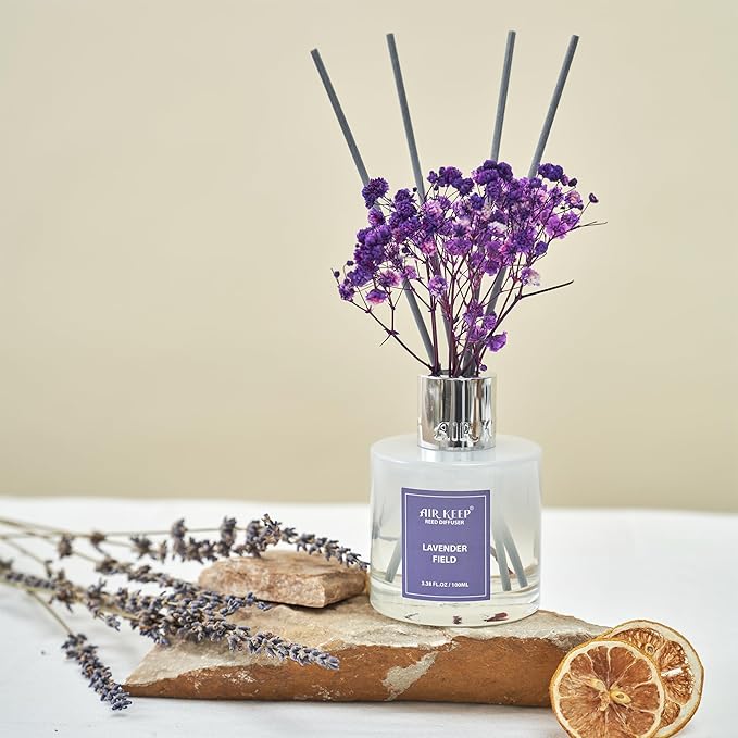 Airkeep Reed Diffuser Set,3.38 fl oz (100 ml) - Lavender Field Oil Diffusers with 8 Reed Sticks, Home Fragrance Reed Diffuser for Bathroom Shelf Decor