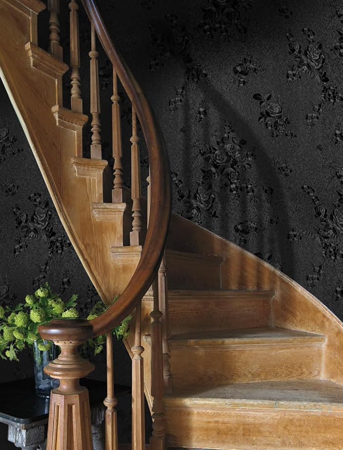 Erfoni Black Peel and Stick Wallpaper Black Floral Embossed Contact Paper