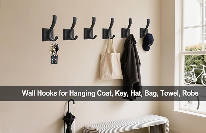 TOFIIGREM Black Coat Hooks for Wall Hanging, Bath Robe Hook Heavy Duty Thick