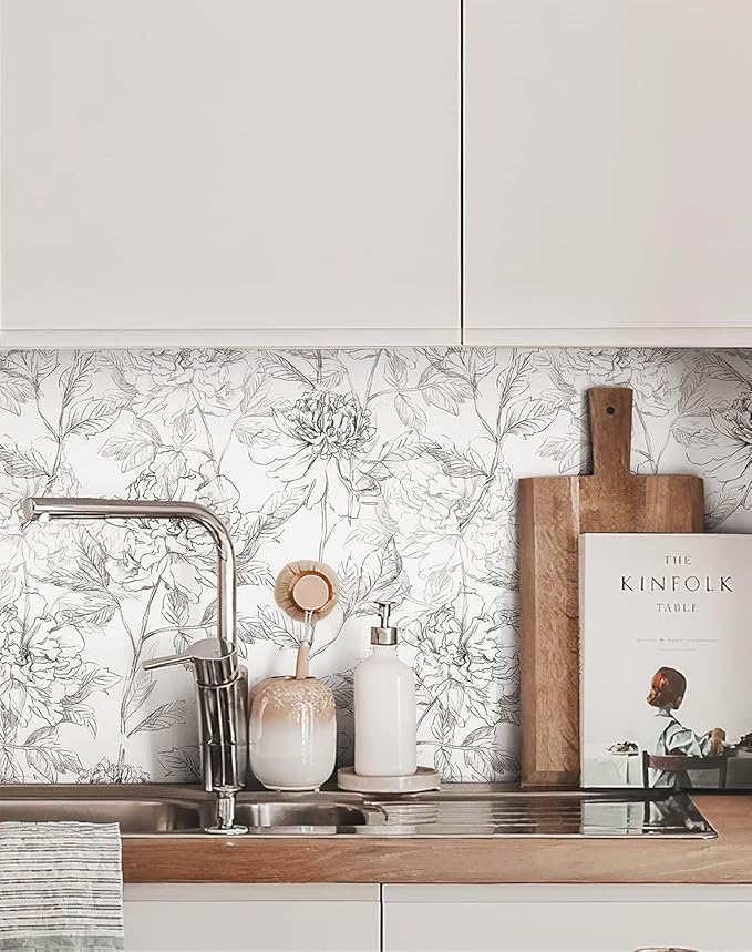 JiffDiff Black and White Floral Wallpaper Peonies Removable Peel and Stick