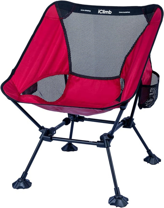 iClimb Ultralight Compact Camping Folding Beach Chair with Anti-Sinking Large Feet and Back Support Webbing (Red - Square Frame)