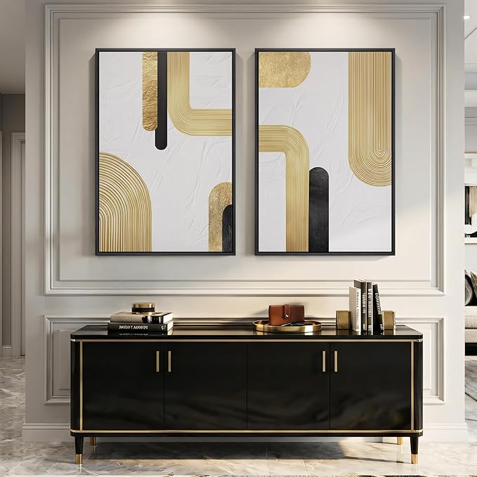 Large Framed Gold Abstract Wall Art Set of 2