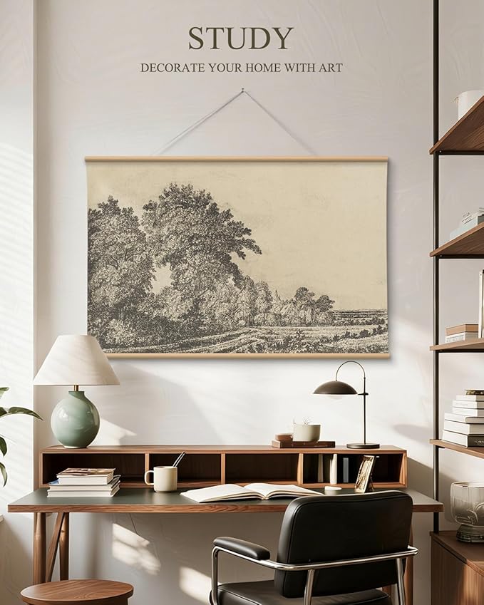 VIYYIEA Extra Large Size Canvas Wall Art, 36x54 Inch Vintage Tree Landscape Hanging Scroll, Black and White Rustic Country-Inspired Artwork for Living Room, Bedroom, Office